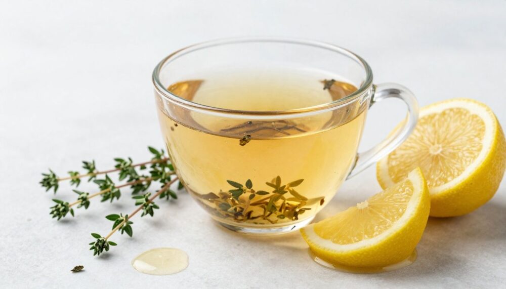A warm, inviting cup of herbal tea with a sprig of fresh thyme, a slice of lemon, and a drizzle of honey, set against a clean, bright background.