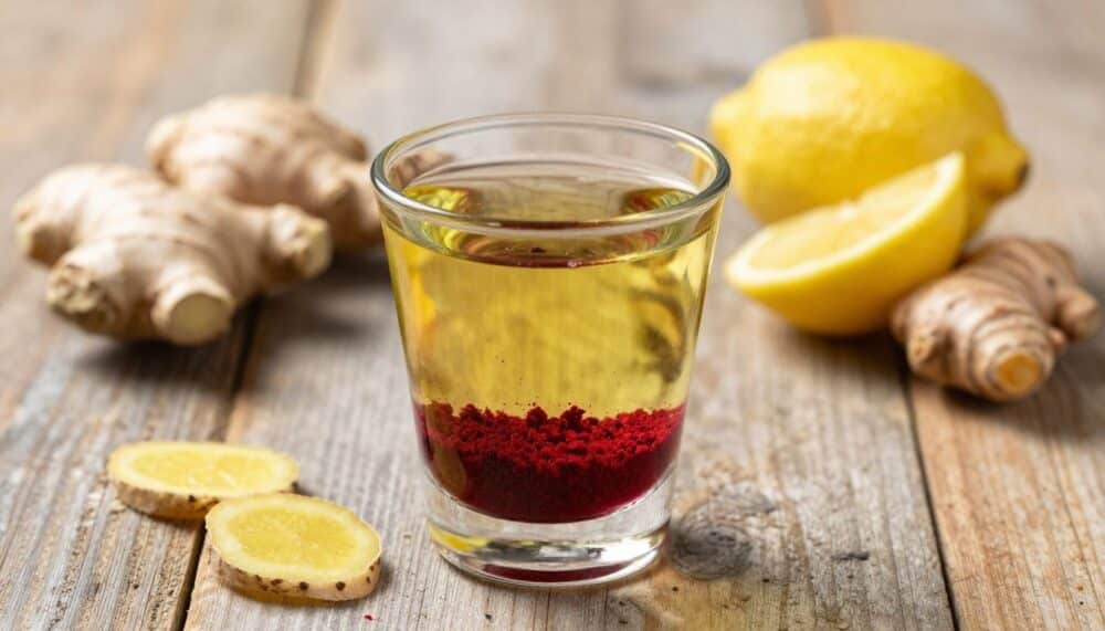 A vibrant, healthy shot glass filled with a mix of olive oil, beetroot powder, and lemon, with fresh ginger and turmeric root on a rustic wooden table.