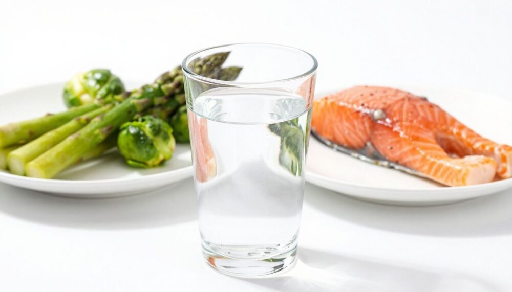 A close-up of a clear glass of water next to a colorful array of foods like asparagus, salmon, and brussels sprouts on a clean, white background.