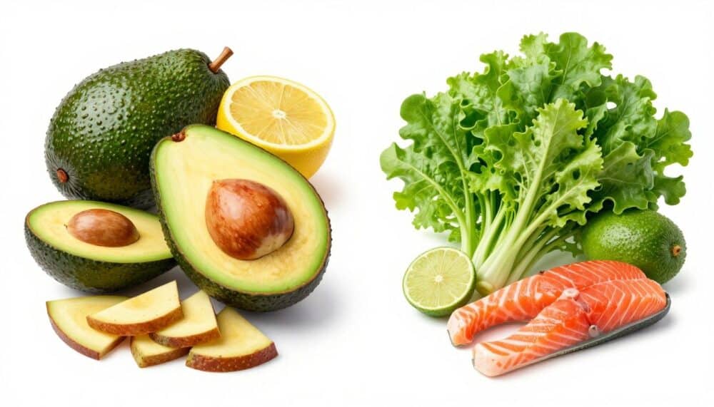 A vibrant split image showing unhealthy processed foods on one side and healthy whole foods like avocados, salmon, and leafy greens on the other, symbolizing a metabolic shift.