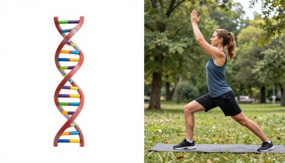 A split image showing a DNA helix on one side and a person exercising outdoors on the other, symbolizing the debate between genetics and lifestyle for longevity.