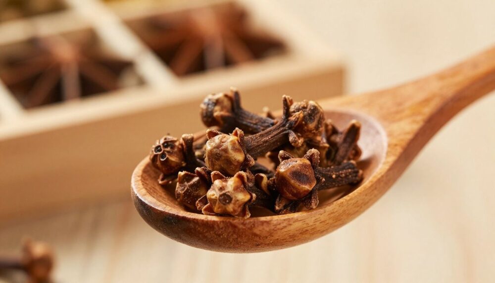 A close-up shot of a few whole cloves resting on a rustic wooden spoon, with a blurred background of a spice rack, conveying a natural and wholesome remedy.