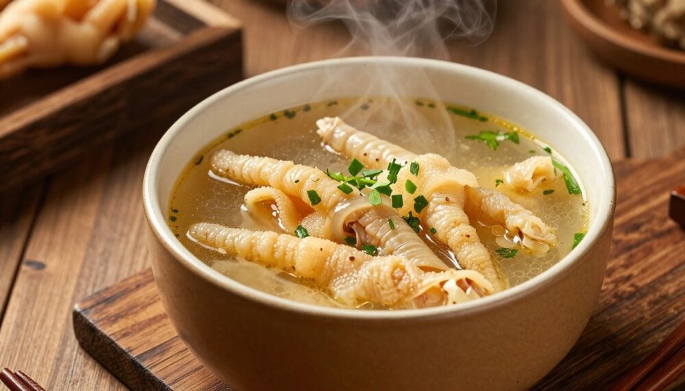 A rustic wooden table featuring a warm, steaming bowl of chicken feet soup, highlighting its rich, gelatinous broth and garnished with fresh herbs.