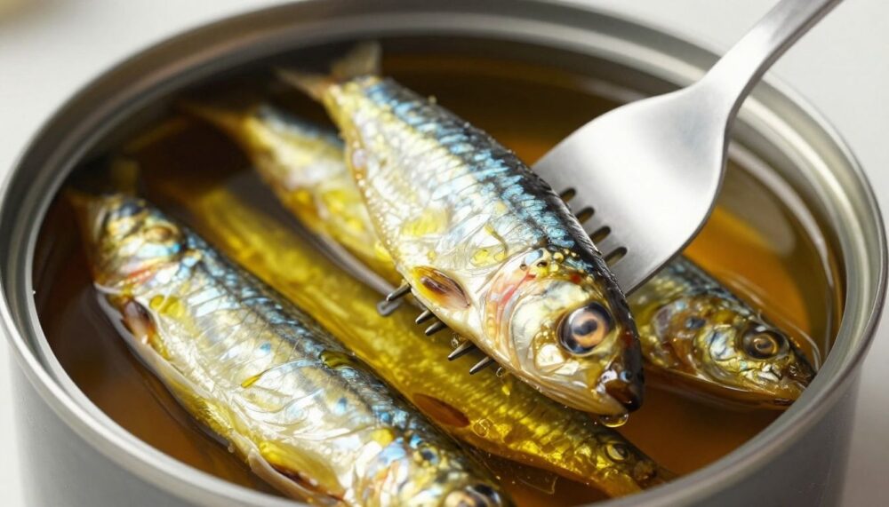 A close-up shot of a can of sardines in olive oil, with a few sardines on a fork, highlighting their texture and freshness.