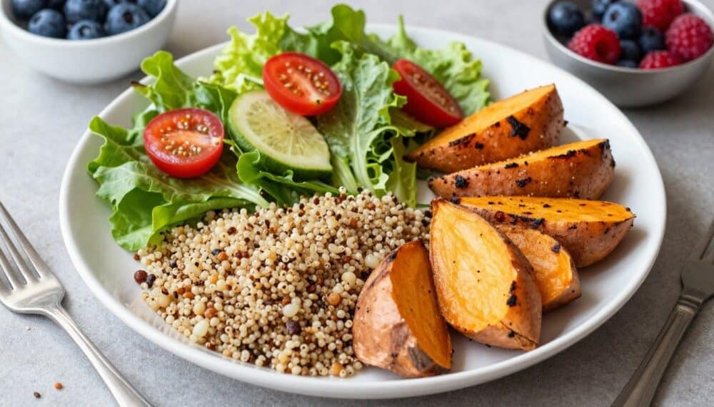 A vibrant and healthy meal on a plate, featuring complex carbohydrates like quinoa, roasted sweet potatoes, and a fresh salad with berries.