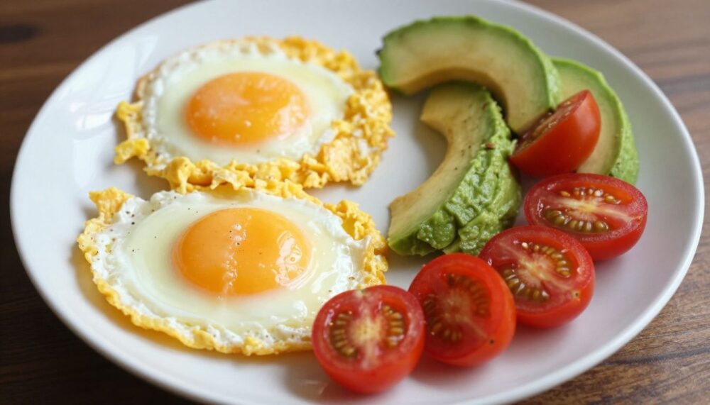 A close-up of a healthy breakfast plate with scrambled eggs, sliced avocado, and cherry tomatoes, representing a diabetes-friendly meal.