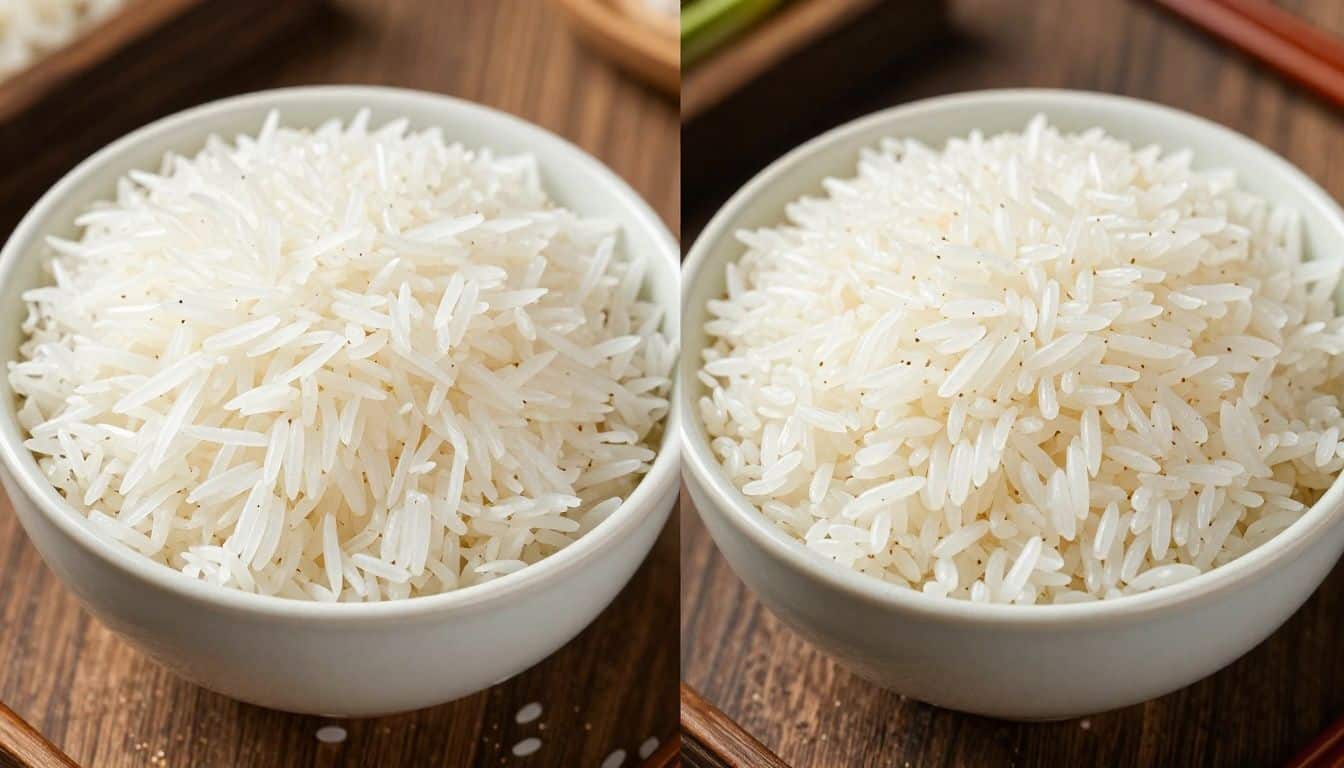 A visually striking comparison of two types of white rice in bowls: one is fluffy long-grain basmati, and the other is sticky short-grain rice, highlighting the textural difference.